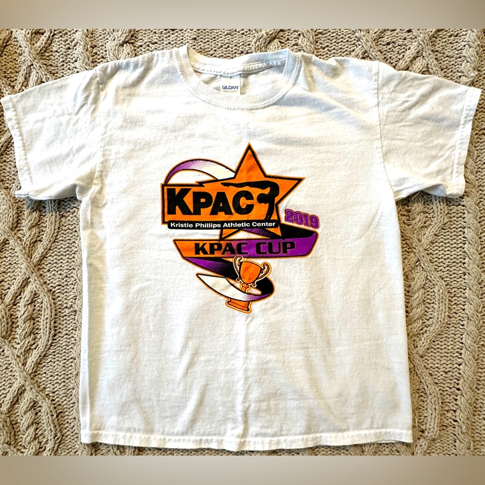 Last chance! Gildan tee, youth Medium, KPAC Cup 2019 meet, white purple orange